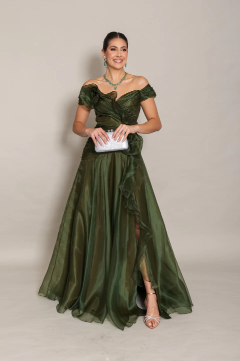 Vestido Longo em Organza Maristela Verde Oliva - comprar online