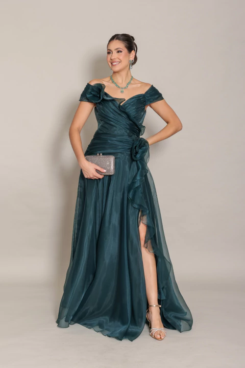 Vestido Longo em Organza Maristela Verde Esmeralda - comprar online