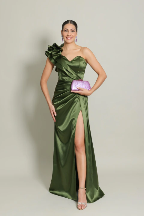 Vestido Longo com Um Ombro Só Verde Oliva Flora