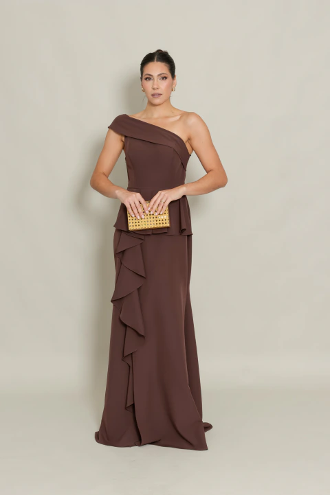 Vestido Longo de um ombro só Marrom/Mocha Mousse Lilian