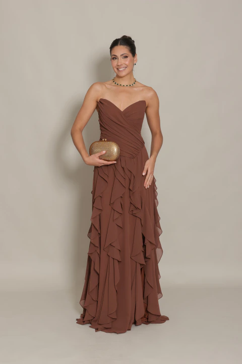 Vestido Longo Tomara que caia Marrom/Mocha Mousse Carmela