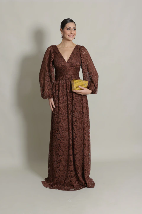 Vestido Longo Com Mangas Longas Marrom/Mocha Sandra