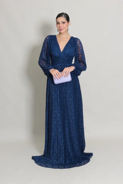 Vestido Longo Com Mangas Longas Azul Marinho Sandra