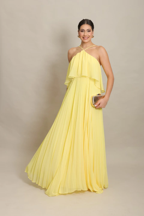 Vestido Longo Plissado Frente Única Glória Amarelo - comprar online