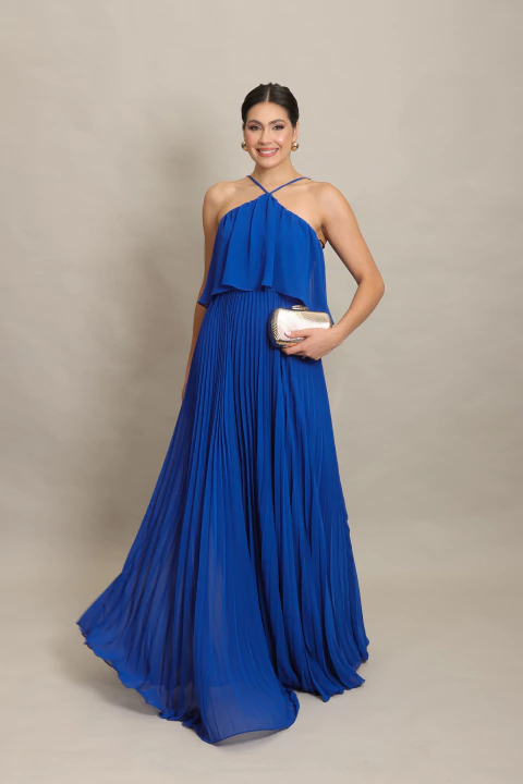 Vestido Longo Plissado Frente Única Glória Azul Royal - comprar online