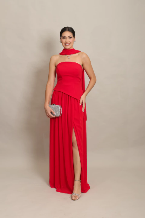Vestido Longo Fluido Tomara que Caia com Sobreposição Vermelho Laura - comprar online