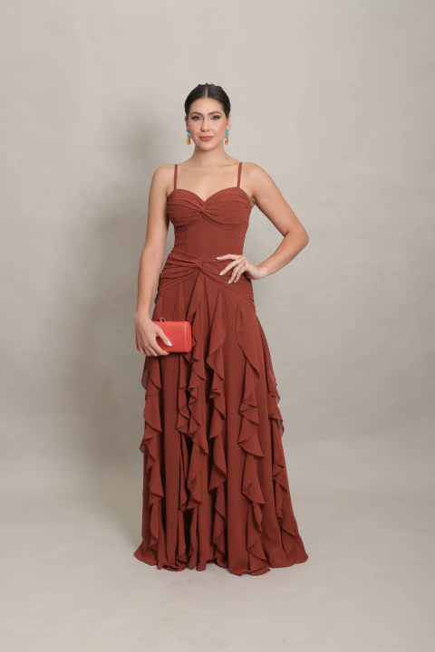 Vestido Longo Fluido com Corselet e Babados Marrom/Mocha Mousse Tati - comprar online
