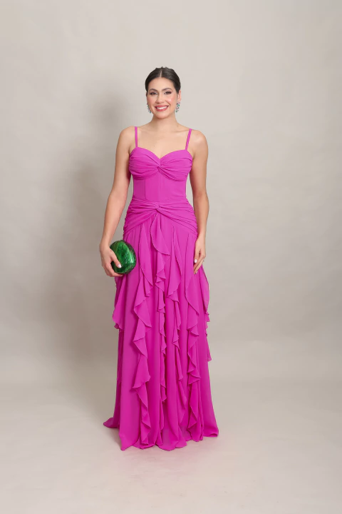 Vestido Longo Fluido com Corselet e Babados Pink Tati - comprar online