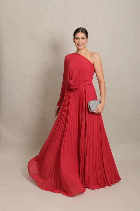Vestido Longo Fluido com Um ombro só plissado Vermelho Marina - comprar online