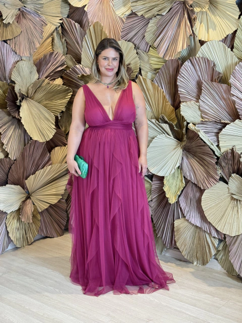 Vestido Longo em Tule PLUS SIZE Fúcsia Ciça