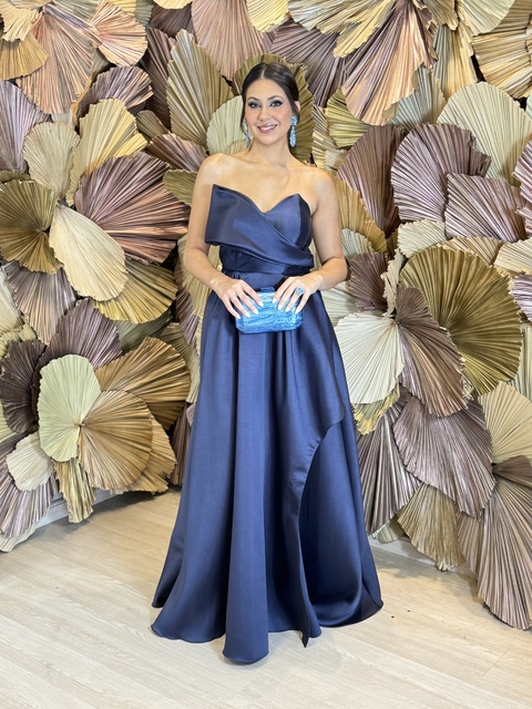 Vestido Longo Tomara que caaia em Zibeline Azul Marinho Amanda