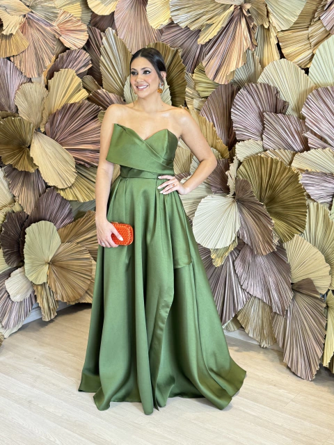 Vestido Longo Tomara que caia em Zibeline Verde Oliva Amanda