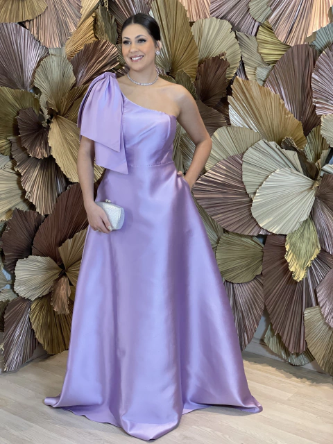 Vestido Longo em Zibeline com um ombro só Lavanda Anne