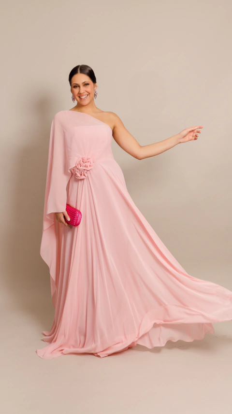 Vestido Longo um ombro só com capa Rose Carol