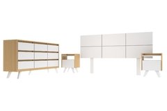 Cómoda Nórdica 9 Cajones + 2 Mesas de Luz Nórdica 1 Cajón + Respaldo Exa 1,80