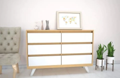 BOX CAMA 160X200 + CÓMODA NÓRDICA 6 CAJONES + 2 MESAS DE LUZ NÓRDICA 1 CAJÓN