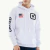 Moletom masculino branco com detalhes em vermelho e azul, incluindo uma bandeira dos Estados Unidos e a palavra "UNITED" na manga.