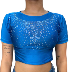 Cropped Boiadeira Top Country Manga Curta Azul