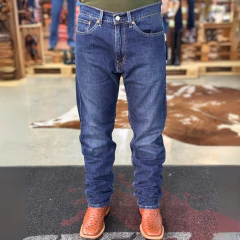 Calça masculina Levis Regular 505 em jeans azul, vista frontal, com detalhes em costura e bolsos.