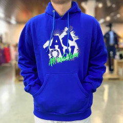 Moletom masculino azul royal com capuz e bolso canguru, estampa frontal com texto "All Western" em verde e branco