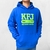 Moletom azul com capuz da King Farm, com estampa em verde e texto "KFJ USA BREATHING COUNTRY".