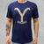 Camiseta masculina azul marinho com estampa amarela da marca Yellowstone.