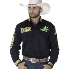 Camisa Country Masculina Radade Bordada Green Preto + Adesivo De Brinde