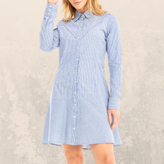 Vestido feminino azul de manga longa com listras, com detalhes de botões e gola, da marca Zenz Coastal Mare.
