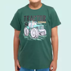 Camiseta infantil verde militar com estampa de trator, da marca Ox Horns.