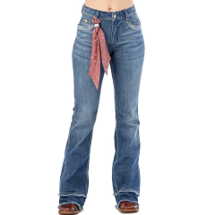 Calça jeans feminina Zenz Western America New Jersey com detalhe de lenço na cintura.