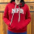 Moletom feminino vermelho com capuz e bolso canguru, com letras brancas MFR na frente