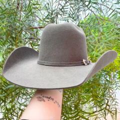 Chapéu Country Pralana Arena American Felt em tom cinza, com aba larga, segurado por uma mão, em fundo de plantas verdes.