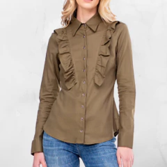 Camisa feminina Zenz Western Campolina com detalhes em babados, cor verde oliva.