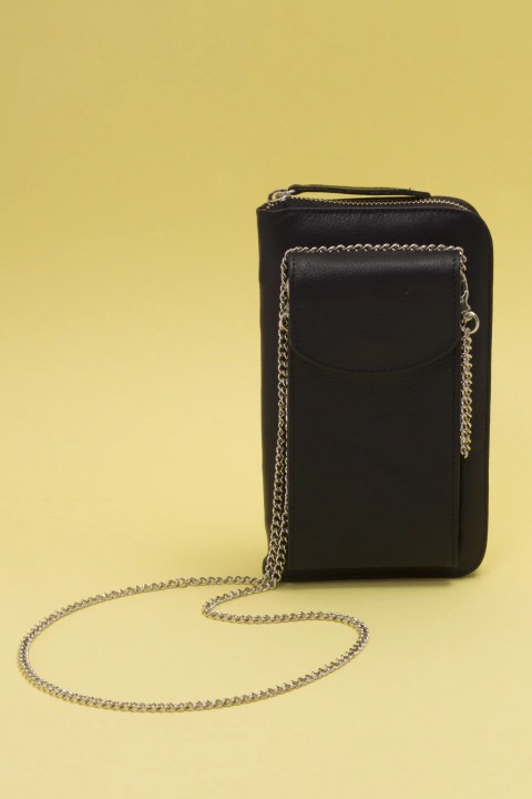 Billetera - Porta celu - Negro interior rosa metalizado - comprar online