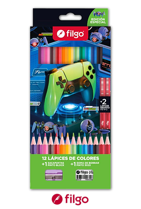 Lápices de color x 12 + sacapuntas + goma + 2 grafito Pinto GAMER - FILGO - 7798100969343 - comprar online
