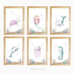 KIT DE QUADROS FUNDO DO MAR SEREIA AQUARELA 05