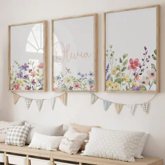 TRIO DE QUADROS FLORAL AQUARELADO OUTONO PERSONALIZADO COM NOME DESEJADO - comprar online