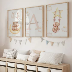 TRIO DE QUADROS FLORAL URSINHOS PERSONALIZADO COM NOME DESEJADO - comprar online