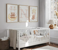 TRIO DE QUADROS FLORAL URSINHOS PERSONALIZADO COM NOME DESEJADO