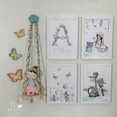 KIT QUADROS, BALANÇO E BORBOLETAS - JARDIM DE BORBOLETAS COLEÇÃO ALICE