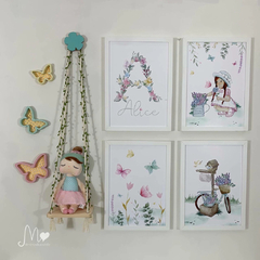 KIT QUADROS E BALANÇO - JARDIM DE BORBOLETAS COLEÇÃO ALICE