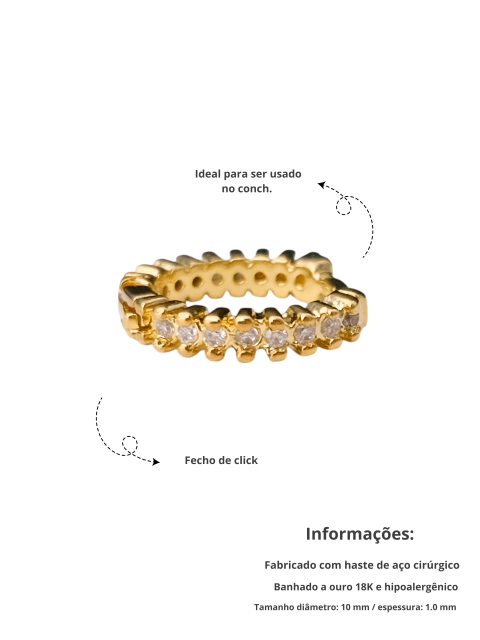 Piercing com uma fileira cravejada com zircônias click (conch), banhado a ouro 18K.