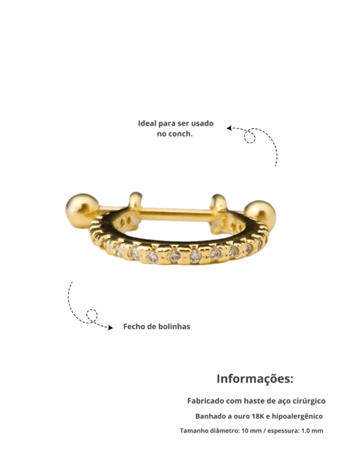 Piercing com uma fileira cravejada com zircônias (conch), banhado a ouro 18K. - comprar online