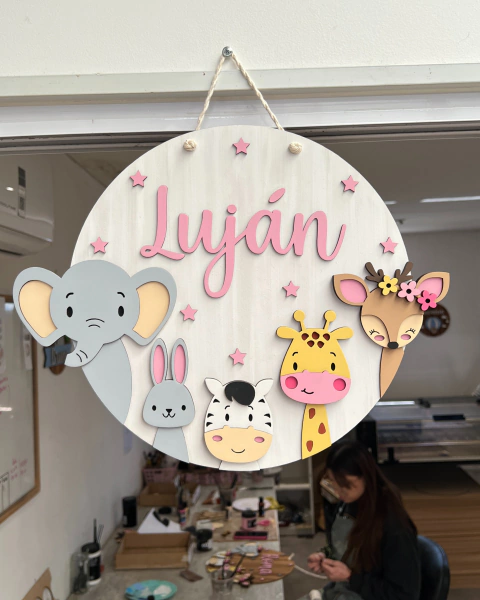 Cartel Selva Elefante, conejo, cebra, jirafa y ciervo bebé, blanco veteado 2 - comprar online