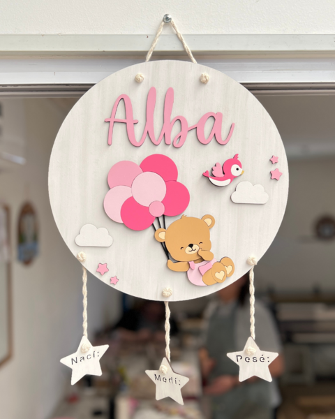 Cartel Osita con globos volando Naci Medi Pese rosa - comprar online