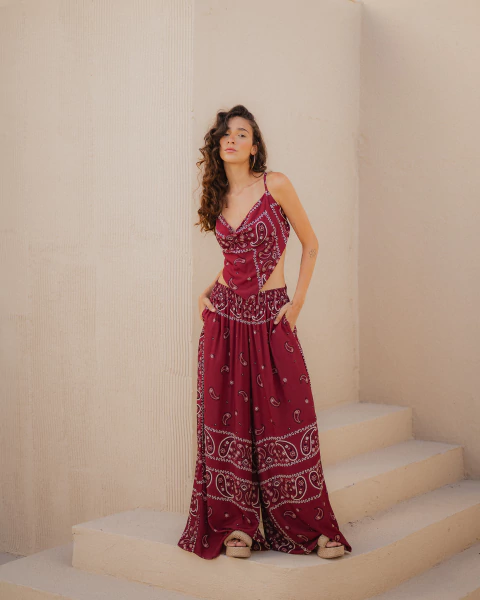 Calça Pantalona Maresia Bandana Bordô - comprar online