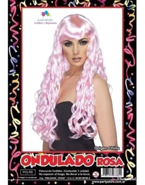 Peluca Party Store larga ondulado Rosa flequillo Halloween x 1 u.