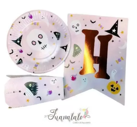 Combo Halloween Rosa Calaca 3 Items Platos Vasos Banderin