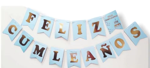 Banderin Celeste Pastel+ letras Doradas Gold Mundo Feliz Cumpleaños!