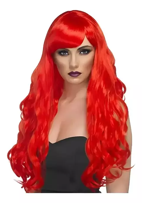 Peluca Ondulada Roja Halloween 60 Cm Flequillo Sirenita - comprar online